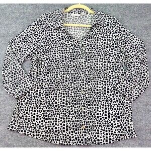 Susan Graver Women’s Large 3/4 Sleeve Button Front Blouse Black White Print